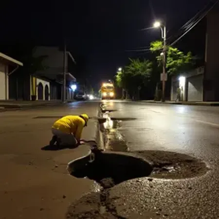 Águas de Joinville atua em reparo de vazamento na rua Dona Francisca na noite desta terça